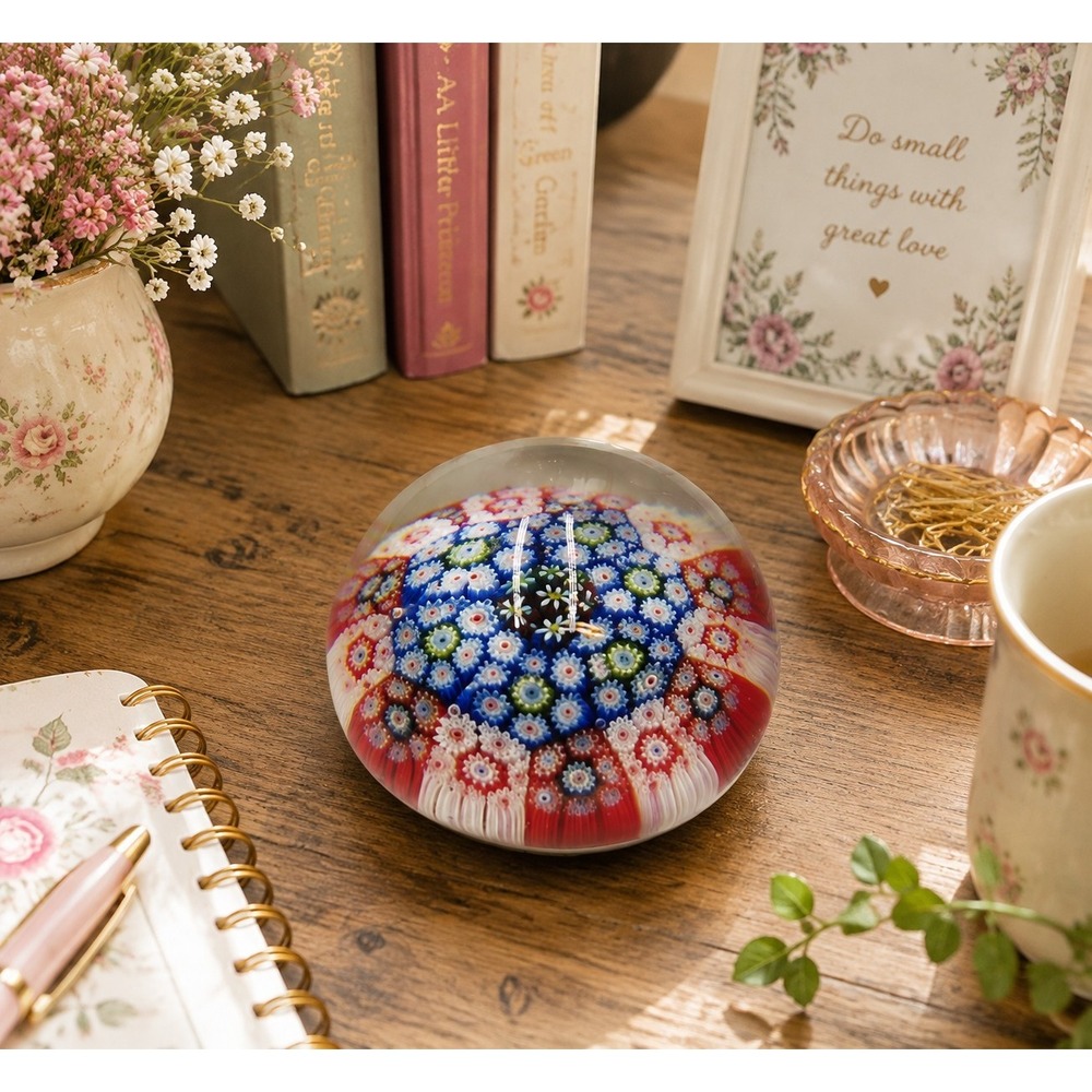 Vintage Millefiori Glass Paperweight Floral Art Glass Cottagecore Desk Decor
